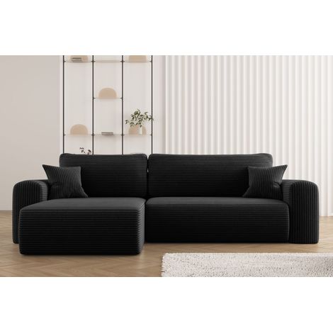 Ecksofa mit Schlaffunktion und Stauraum für Bettzeug, L-förmiges Sofa, Capri Stoff Poso Schwarz Links (1/4)