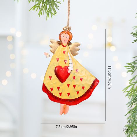 Ornement ange suspendu métal jaune cœur rouge, déco Noël style traditionnel artisanal (1/3)