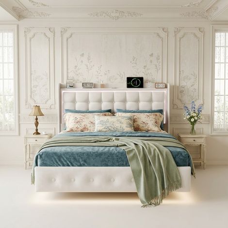 Cama de matrimonio 160x200 cm en franela - con LED y puertos USB - somier de láminas incluido, estilo escandinavo - blanco (1/5)