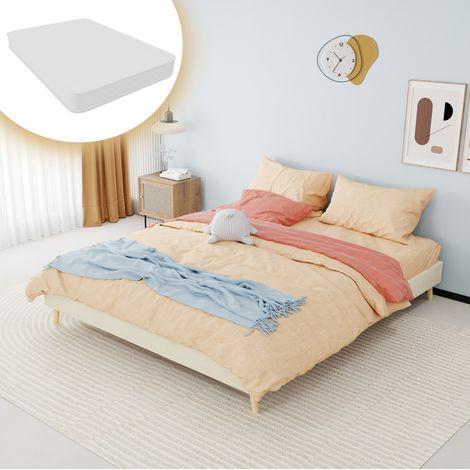 Lit moderne en tissu beige 160x200 cm, structure en métal, cadre bas sans tête de lit