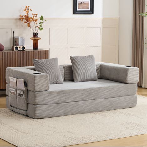 Sofá cama plegable gris claro de pana con portavasos y bolsillos laterales (1/5)