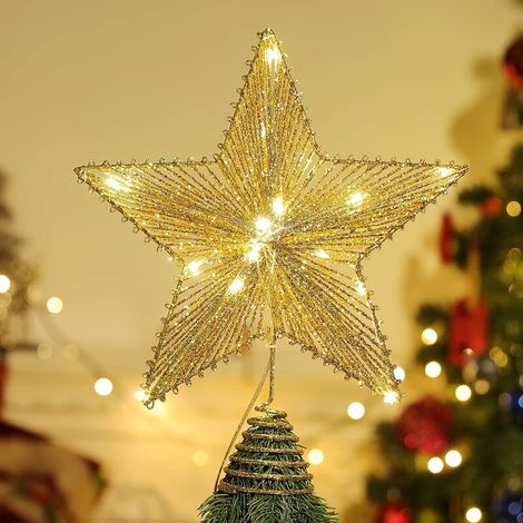 Etoile Sapin de Noel Treetop, Cimier Sapin Étoile Treetop Scintillant en Métal, Étoile à Pointes Decoration avec Guirlande Lumineuse à LED pour Arbre de Noël, Pentagramme Topper, Or Brillant (1/5)