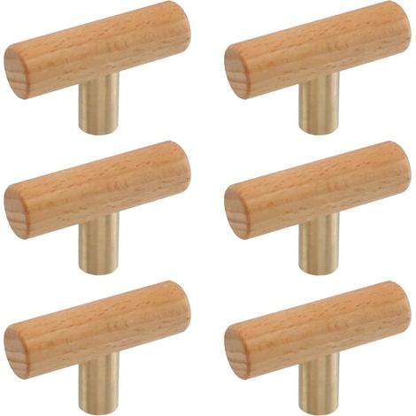 Boutons de tiroir en bois de hêtre – Lot de 6 poignées en T à trou unique – Poignées de porte pour cuisine, armoire et placard (vis de fixation incluses) – Longueur totale : 1,97 po