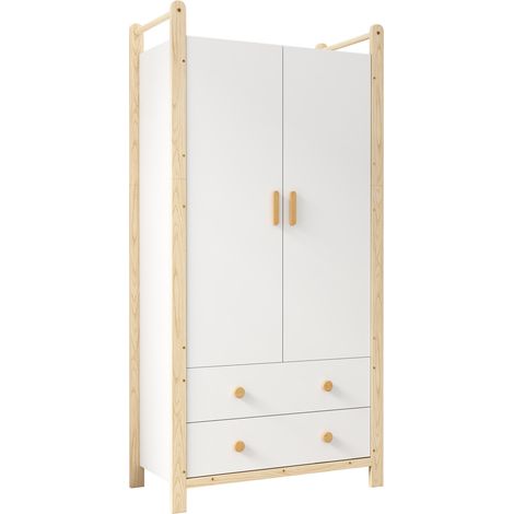 Armadio a 2 ante con barra appendiabiti e 2 cassetti 90 x 45 x 180 cm bianco e pino (1/5)