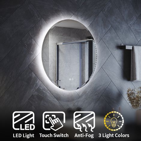 ELEGANT 600 x 600 mm Round Bathroom Mirror with LED Light Modern Wall Mounted Bathroom Vanity Mirror with Demister Pad, Adjustable Brightness & 3 Color (1/5)
