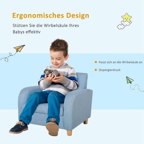 Fauteuil enfant lin bleu, canapé lounge bois massif, assise mousse confort, chambre/salon de jeu, 49x45x44 cm, 3-5 ans (1/4)