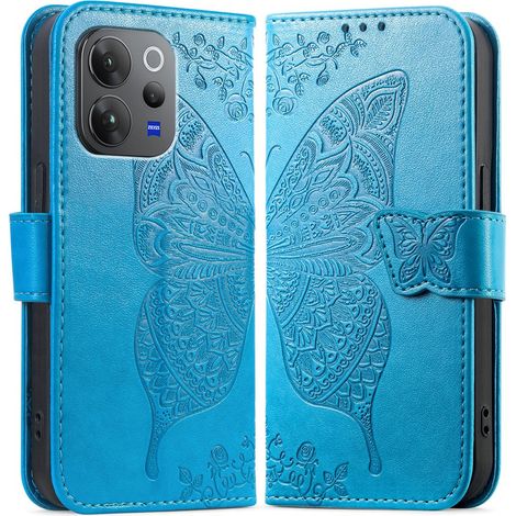 Étui à rabat pour Vivo V70, papillon, bleu