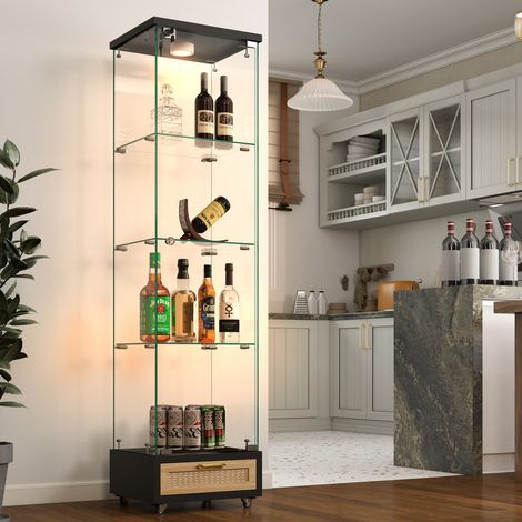 Vitrine moderne en verre trempé avec éclairage LED intégré, armoire à une porte avec 4 étagères et 2 tiroirs – Bibliothèque design pour salon et chambre,  – H167 × L42,5 × P36,5 cm