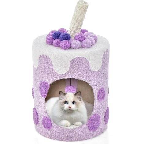 COSTWAY Torre de Árbol para Gatos en Forma de Té de Burbujas, Condominio para Gatos, Cueva para Gatos con Rascador de Sisal y Bola Colgante (morado y blanco) (1/5)