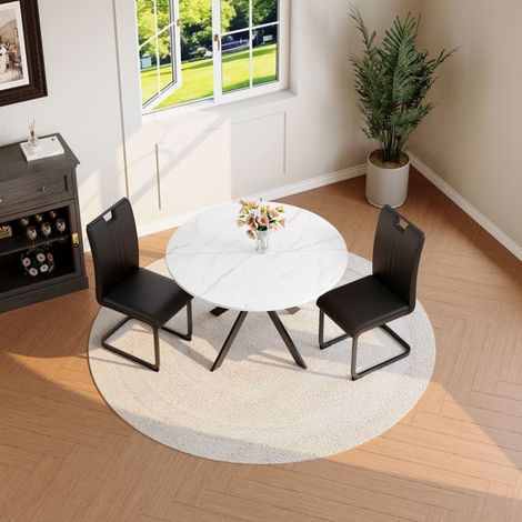 Table et Chaises de Salle à Manger table ronde effet marbre 2 chaises noires similicuir cadre métal cantilever (1/5)