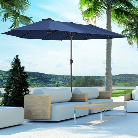 Parasol de jardin double en acier bleu avec toile polyester, manivelle, 460 x 270 x 240 cm (1/5)
