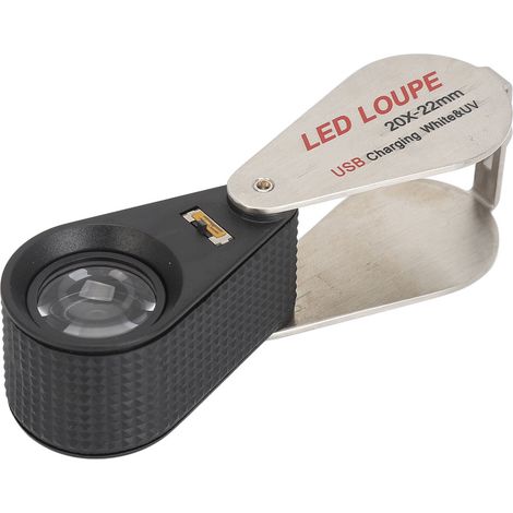 Wiederaufladbare, faltbare 20-fache Vergrößerungslupe mit 6 LED-Leuchten und 7 UV-Leuchten (1/5)