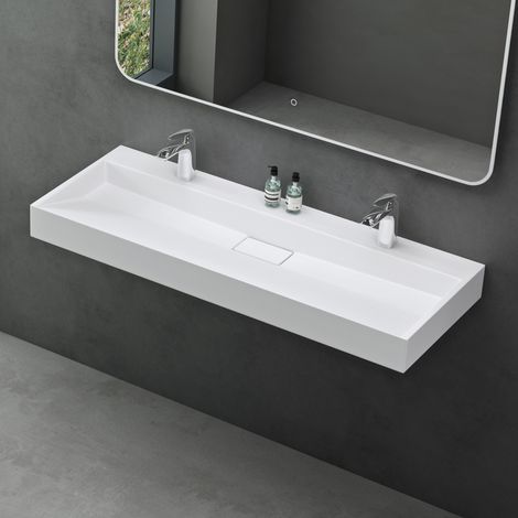 Mai & Mai – Lavabo suspendu ou à poser rectangulaire blanc mat 120x46x11cm – Résine de synthèse – Installation facile avec perçage robinet - Col19-1200