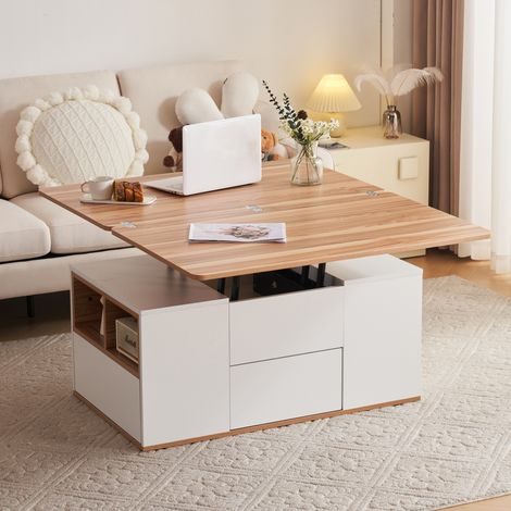 Multifunktionaler, anhebbarer Couchtisch – Tischplatte lässt sich zu 2 Tischen öffnen, Weiß + Original-Holzfarbe, große Kapazität, moderne Wohnzimmermöbel, Büro-Esstisch, Freizeittisch, multifunktiona
