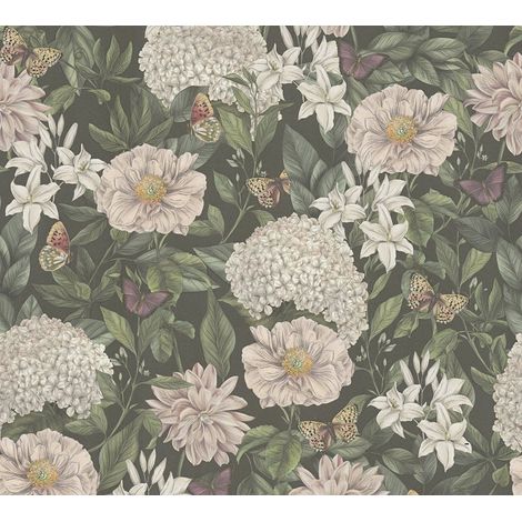 Papier peint nature fond prune Tapisserie plantes et fleurs vertes, blanches, roses Papier peint intissé papillons idéal pour salon (1/2)
