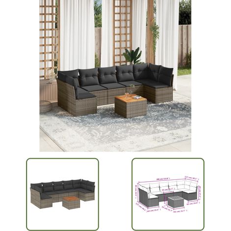 The Living Store Salon de jardin 8 pcs avec coussins gris résine tressée - Salon De Jardin - Meuble De Jardin - Mobilier Extérieur - Set Salon De Jardin - Résine Tressée