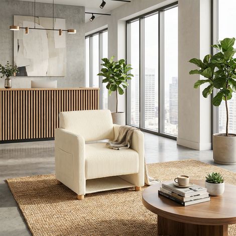 Meubles Cosy Karia Fauteuil de salon style scandinave en tissu velours côtelé avec accoudoirs et pieds en bois,beige