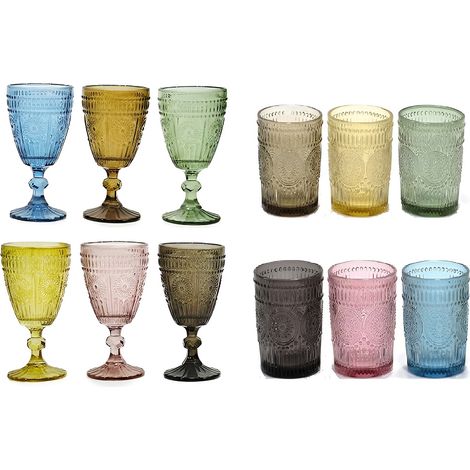 Set 12 Bicchieri in Vetro Lavorato Colorati Include 6 Calici con Piede e 6 Acqua vino bibite coktail 30cl stile barocco Multicolore Assortiti Design Elegante per Tavola e Feste Confezione Regalo