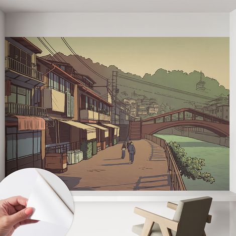 Papier peint adhésif autocollant pour salon chambre à coucher peint imprimé pour mur Paysage pastel 152x104 cm (1/5)