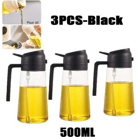 Flacon pulvérisateur d'huile 500 ml, multifonctionnel 2 en 1, pour la cuisson, les grillades, la pâtisserie et l'utilisation d'huile chaude. Couleur : 3 pièces - Noir