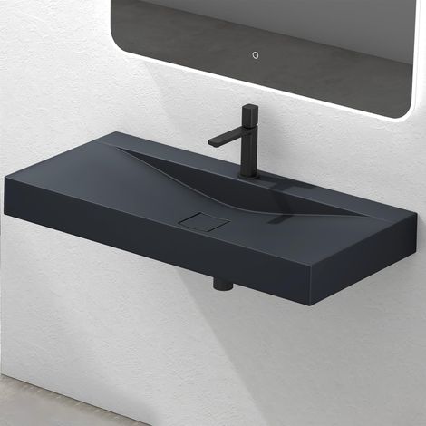 Mai & Mai Lavabo Suspendu Gris Noir Mat 100x48x10cm Vasque à Poser Rectangulaire avec Perçage pour Robinet et Cache Bonde Col810-1000
