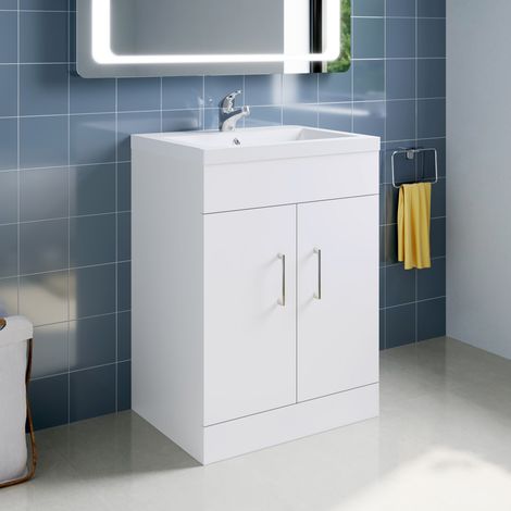 ELEGANT Premium Vanity Sink Unit with Vitreous Basin, Floor Standing Vantiy Cabinet with Sink, White Matte Painted Bathroom Vanity Storage with 2 Shelves, 595mm (1/5)
