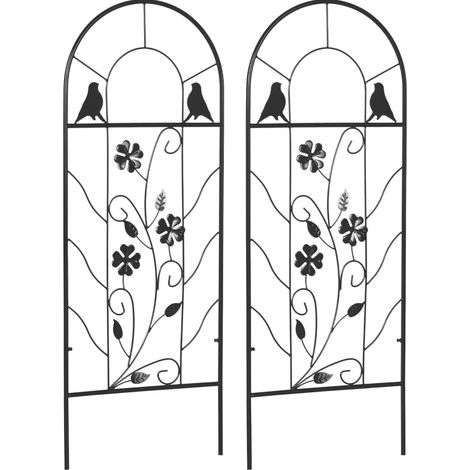 Lot de 2 treillis de jardin en métal noir, support pour plantes grimpantes, roses, clématites et jasmin, décor oiseaux et trèfles, pour terrasse et mur - CHICFURN (1/5)