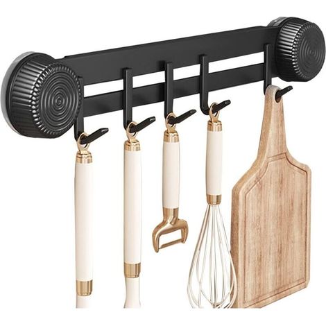 Wandmontierter Küchenutensilienhalter, Wandregal mit 5 Haken, Küchenutensilienständer, Aufbewahrung für Küchenutensilien zum Aufhängen von Löffeln und Pfannenwendern, Metall, 1 Stück, Schwarz
