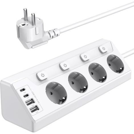 Prise Plan de Travail Cuisine, Multiprises avec 2 Ports USB A et 2 Ports USB C, Multiprise 4 Prises avec Interrupteur, Rallonge Électrique 2m pour Meuble, Canapé, Bureau, Table (1/5)