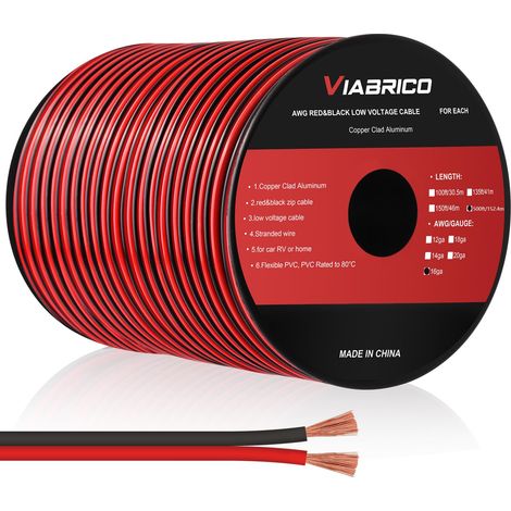 Câble électrique à 2 fils 16 AWG 2 x 1,5 mm² - 5 V/12 V/24 V - Câble d'alimentation en aluminium gainé de cuivre - Flexible et souple - Faible impédance (1/5)