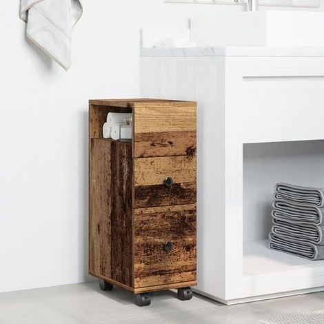 Meuble de Salle de Bain Étroit sur Roulettes, Style Rétro en Bois, Meuble Vasque Compact avec Rangement pour Petit Espace (1/5)