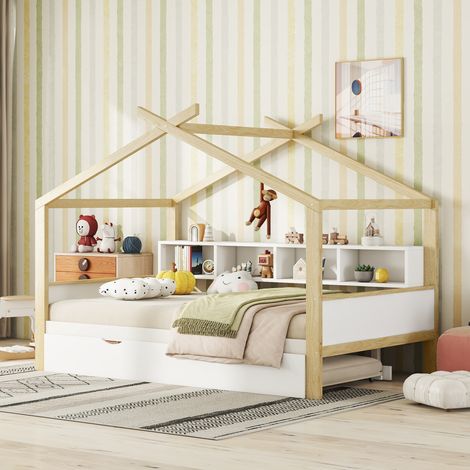 DESMIU Lit cabane enfant 2 places avec lit gigogne, 4 niches de rangement 140 × 200 cm, sans matelas, naturel et blanc (1/5)