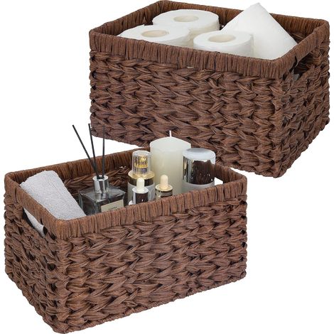 Panier Rangement Osier en Plastique, Lot de 2 Paniers et Boîtes de Rangement avec Poignées, Paniers de Décoration, Panier Osier Rectangulaire, Panier Rangement Salle de Bain, Marron (1/5)