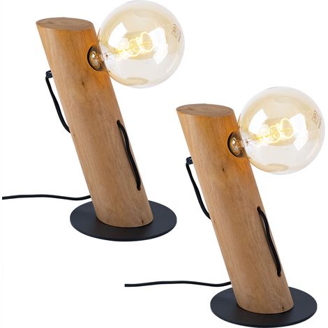 Lampe à poser, salon, lampe en bois, lampe de chevet, lampe de chevet, maison de campagne, interrupteur à câble, eucalyptus en métal, 1x douille E27, DxH 9x32 cm, lot de 2