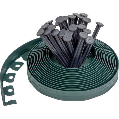 Bordure de Jardin en Plastique 10 mètres avec 30 Piquets d'ancrage Bordurette de Pelouse Flexible Bordure de Gazon avec piquets Solides Idée de Jardin Hauteur 50mm, Epaisseur 3mm Vert Foncé (1/5)