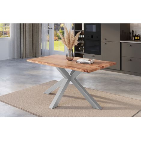 Esstisch Baumkante massiv Akazie natur 140 x 80 cm Spider-Gestell silber KALEA (1/5)