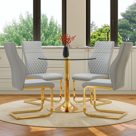 Set tavolo e 4 sedie da pranzo 85x85x76 cm, vetro temperato trasparente, struttura in metallo oro, PU grigio chiaro (1/5)