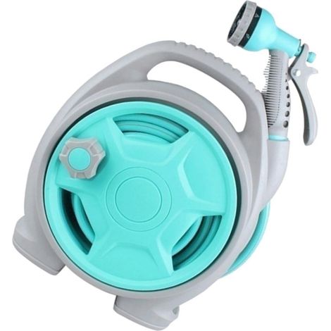 Dévidoir de tuyau d'arrosage portable turquoise, avec pistolet multifonction, pour jardin et voiture (1/5)