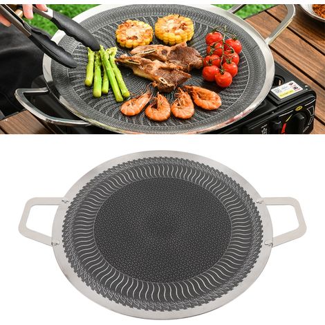 Plancha antiadherente de acero inoxidable con dos asas, redonda, apta para inducción, ideal para acampar al aire libre, 34 cm de diámetro, con 2 asas de madera. (1/5)