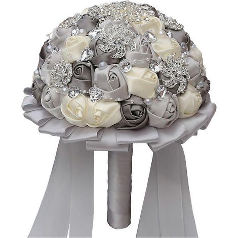 1 bouquet de mariée avec ruban et fleurs (blanc, argent et gris foncé) (1/3)