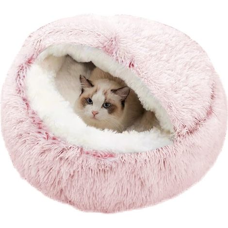 Donut Shape Calming Bed, Warm and Soft Plush with Comfortable Non-Slip Sponge Bottom for Small and Medium Pets Sleeping Inside (Pink) Pink (1/5)