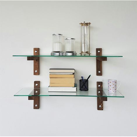 Étagère murale en verre - supports bois foncé (lot de 2) LHASA (1/5)
