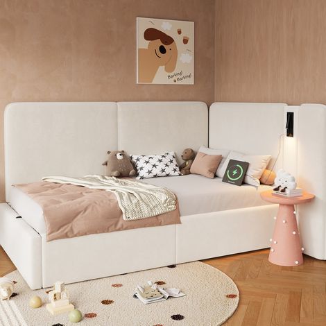 Cama diván tapizada en terciopelo beige 90x200 cm con cabecero, arcón hidráulico, USB/Type-C y lámpara lectura