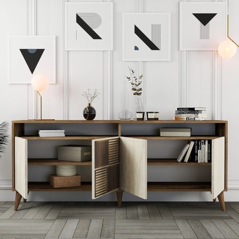 Credenza Roattos, Madia 2 Ripiani, 4 Ante, 6 Vani, 180x35x78h cm Beige Marmo (1/5)
