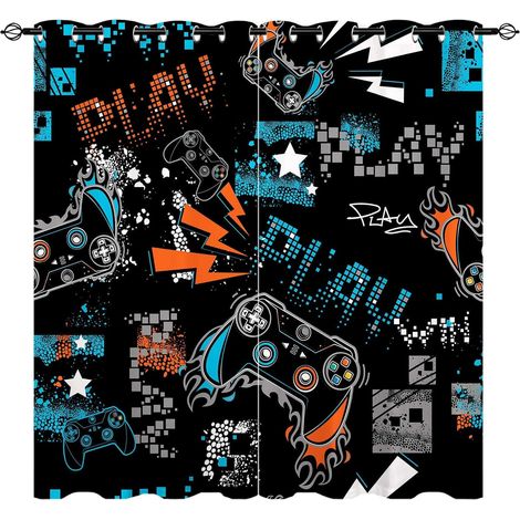 Rideaux Gamer - Motif Graffiti Manettes de Jeu avec Œillets, Isolation Thermique & Obscurcissement pour Chambre d’Ados Garçons (Salle de Jeu) - 2 Panneaux L60 x H120cm - 60L X 120H cm (2 Panneaux) (1/5)