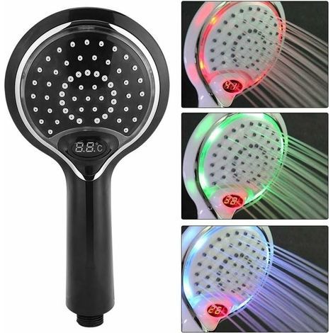 Cabezal de ducha LED de bolsillo con flujo de agua que cambia de 3 colores, cabezal de ducha LED con pantalla digital de sensor de temperatura, rociador de ducha con control de temperatura, negro. (1/3)