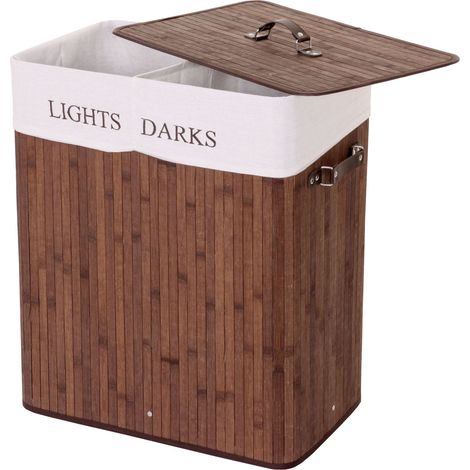 Cesto para ropa sucia HHG-153, Caja para ropa sucia Cesto para ropa sucia, Bambú 2 compartimentos 63x55x34cm 100l, marrón