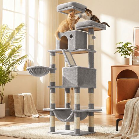 Arbre à Chat, Hauteur 203,5 cm, 2 Plate-forme, 13 Griffoirs, Panier, Hamac, 2 Niches, Pompon, Tissu Peluche, Gris Clair (1/5)