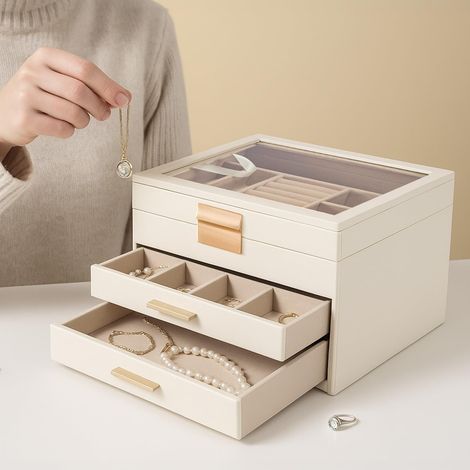 Jewelry Box Jewellery Organiser Jewelry Display Box Storage with Glass Lid for Necklace Earrings Bracelets Rings (White, 23x20x13.5cm) (1/5)