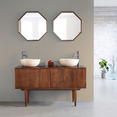 Berah Getah – Meuble sous vasque simple en mindi massif 135 cm – Hauteur 75 cm – Largeur 50 cm – Finition brune élégante – Collection Vintage (1/5)